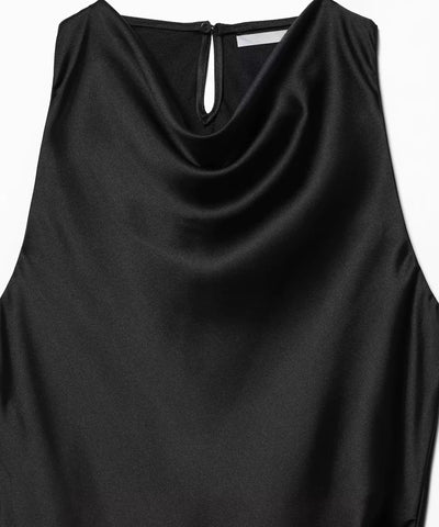 Comprar vestido de cetim preto gola drapeada detalhe elegante Anellimn