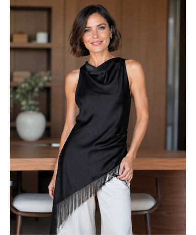 Comprar vestido de cetim preto franja assimétrica costas Anellimn