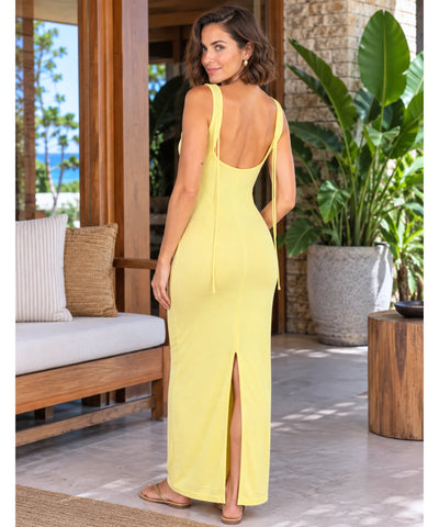 Comprar vestido de praia longo costas abertas com fenda amarelo em promoção Anellimn