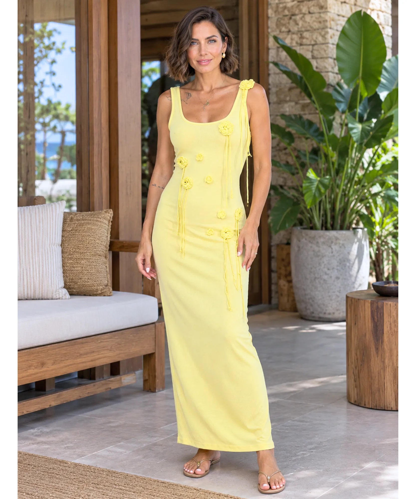 Comprar vestido de praia longo decote quadrado alças largas amarelo em promoção Anellimn