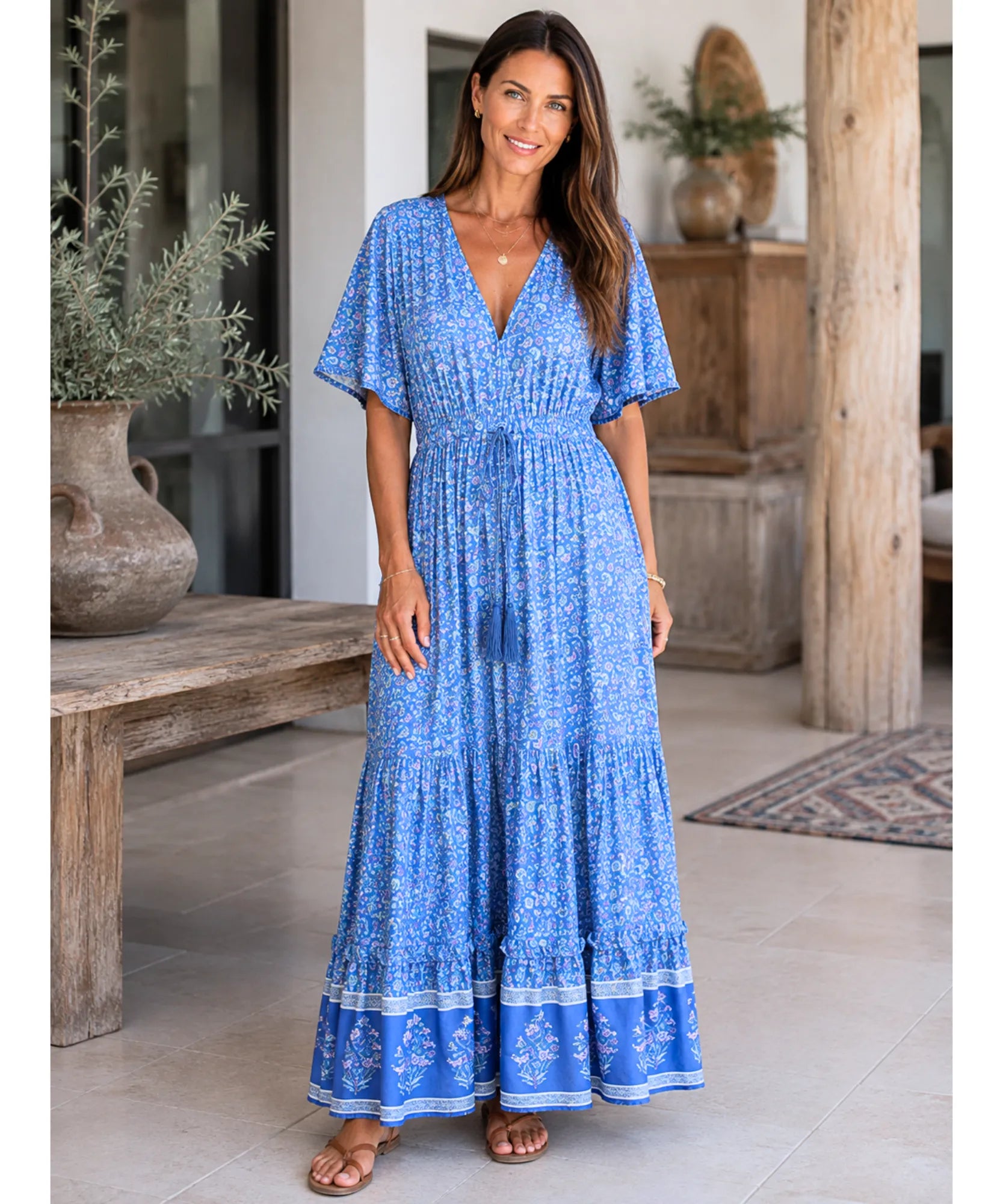 Comprar vestido de praia longo boho chic azul em promoção Anellimn