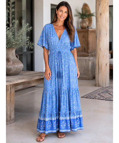 Comprar vestido de praia longo boho chic azul em promoção Anellimn