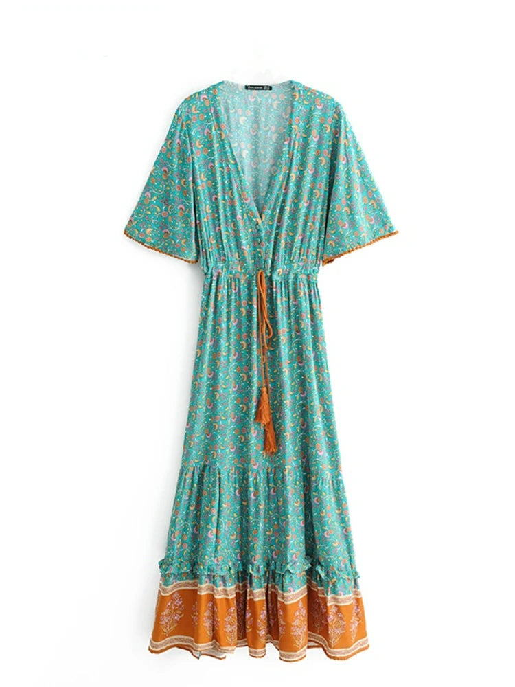 Comprar vestido de praia longo boho chic azul turquesa em promoção Anellimn