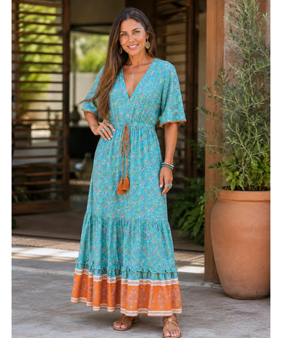 Comprar vestido de praia longo feminino viscose azul turquesa em promoção Anellimn
