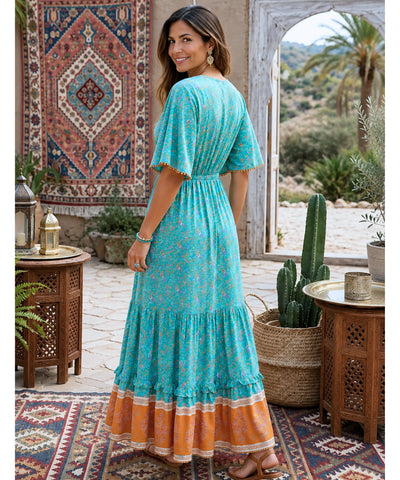 Comprar vestido de praia longo decote V costas azul turquesa em promoção Anellimn