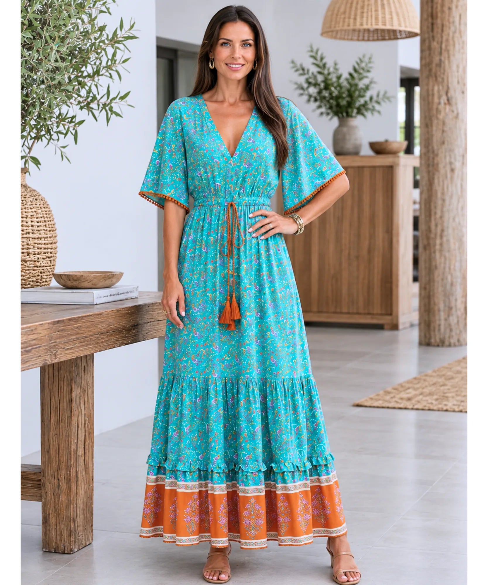 Comprar vestido de praia longo solto viscose azul turquesa em promoção Anellimn