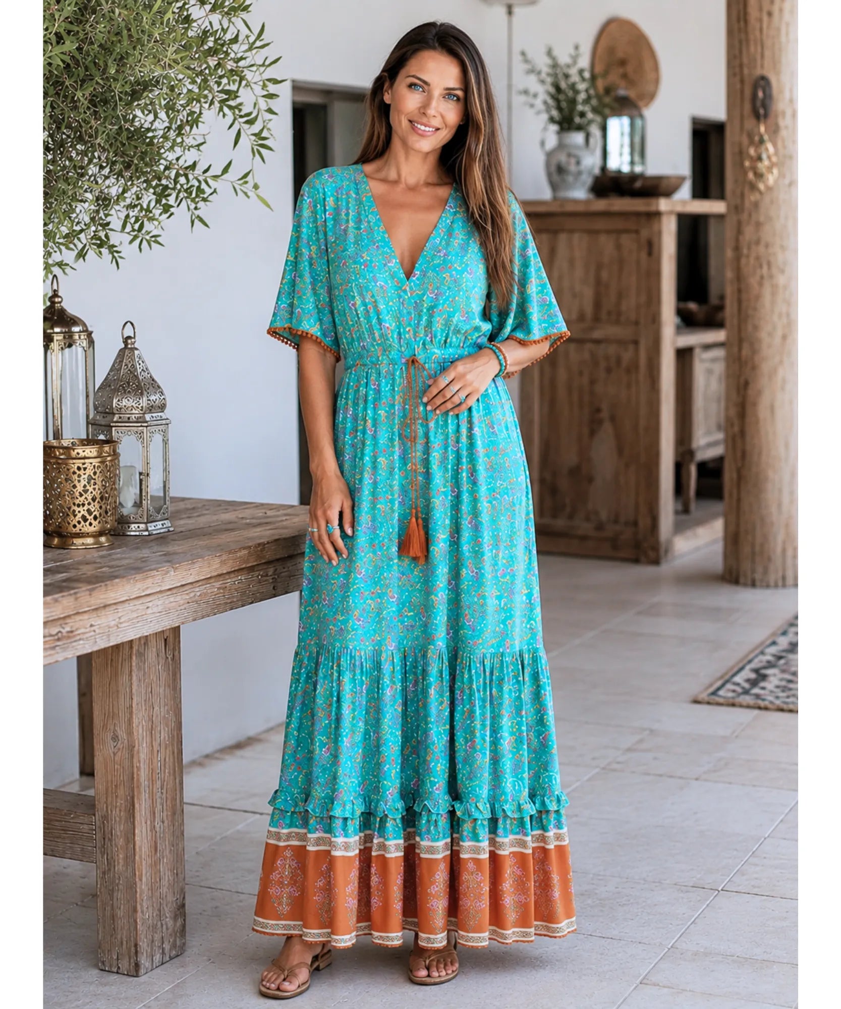 Comprar vestido de praia longo feminino boho azul turquesa em promoção Anellimn