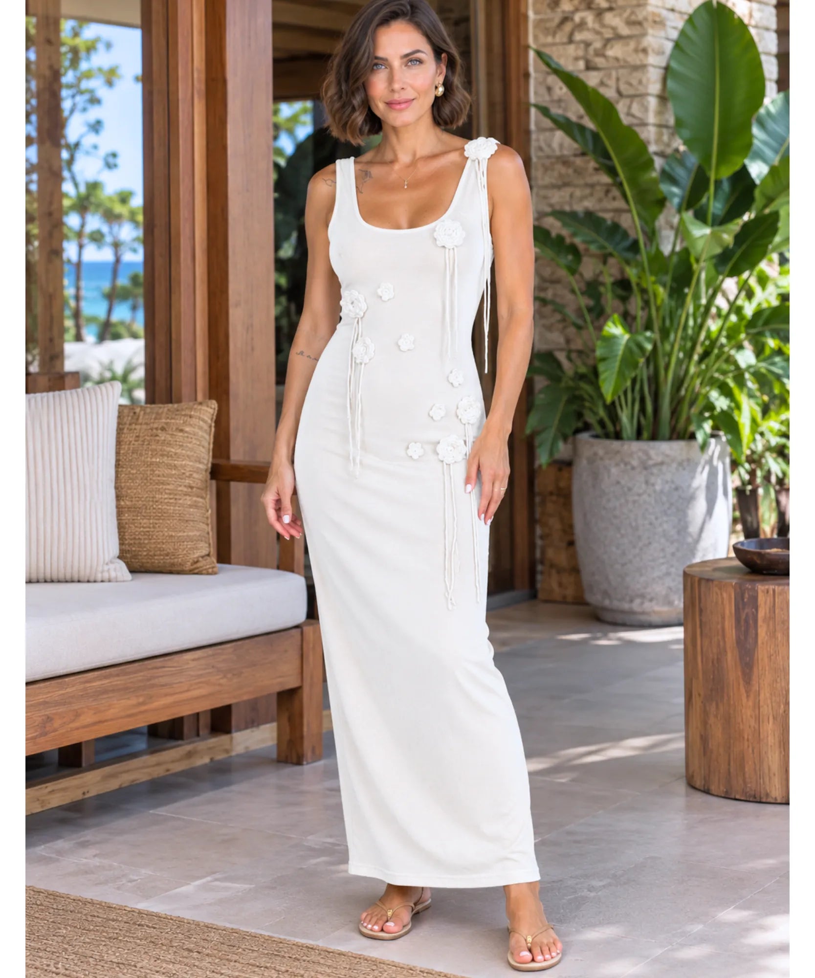 Comprar vestido de praia longo em malha com flores 3D branco em promoção Anellimn