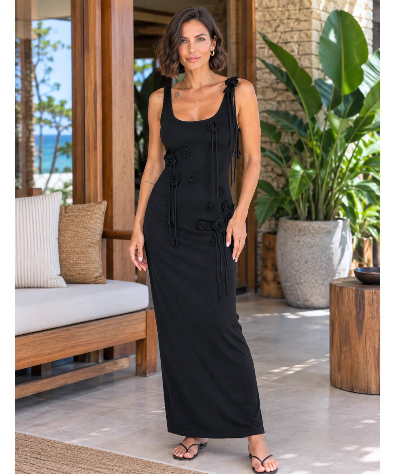 Comprar vestido de praia longo em malha com flores 3D preto em promoção Anellimn