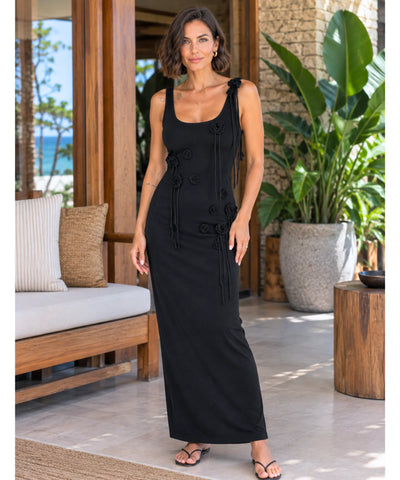 Comprar vestido de praia longo em malha com flores 3D preto em promoção Anellimn