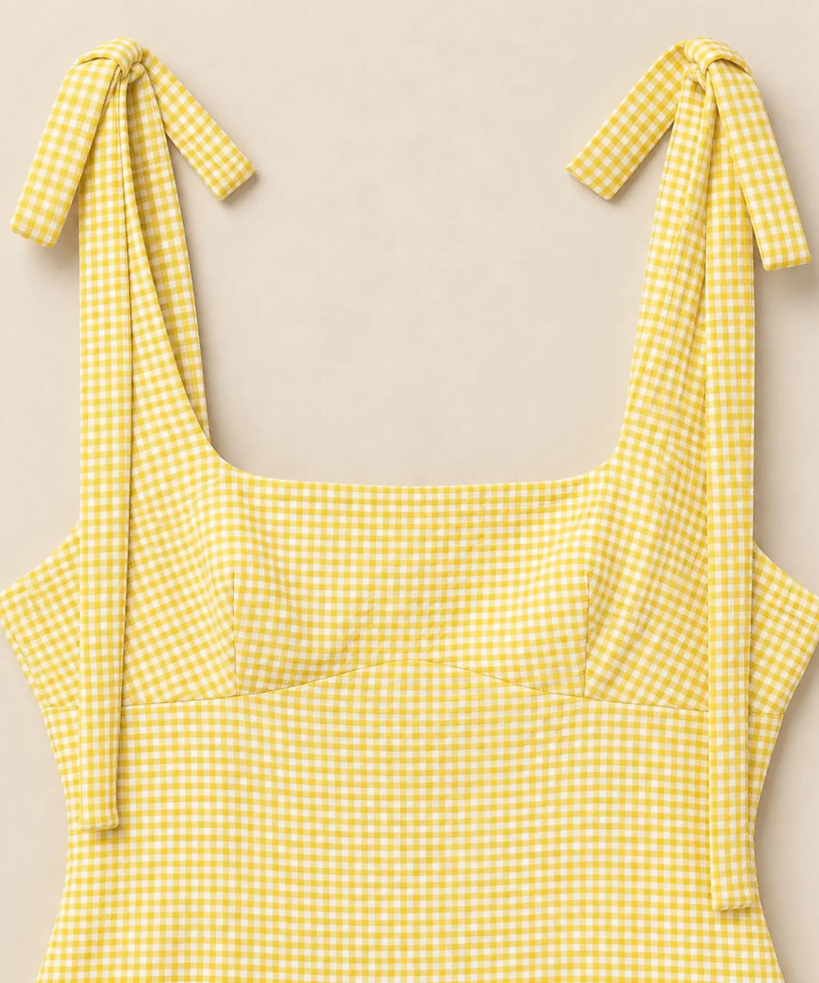 Comprar vestido decote quadrado detalhe do decote xadrez amarelo barato Anellimn