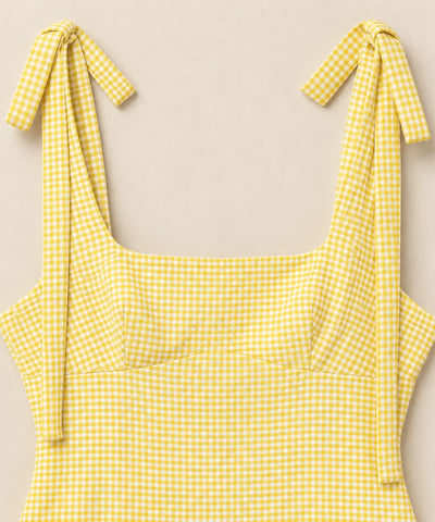 Comprar vestido decote quadrado detalhe do decote xadrez amarelo barato Anellimn