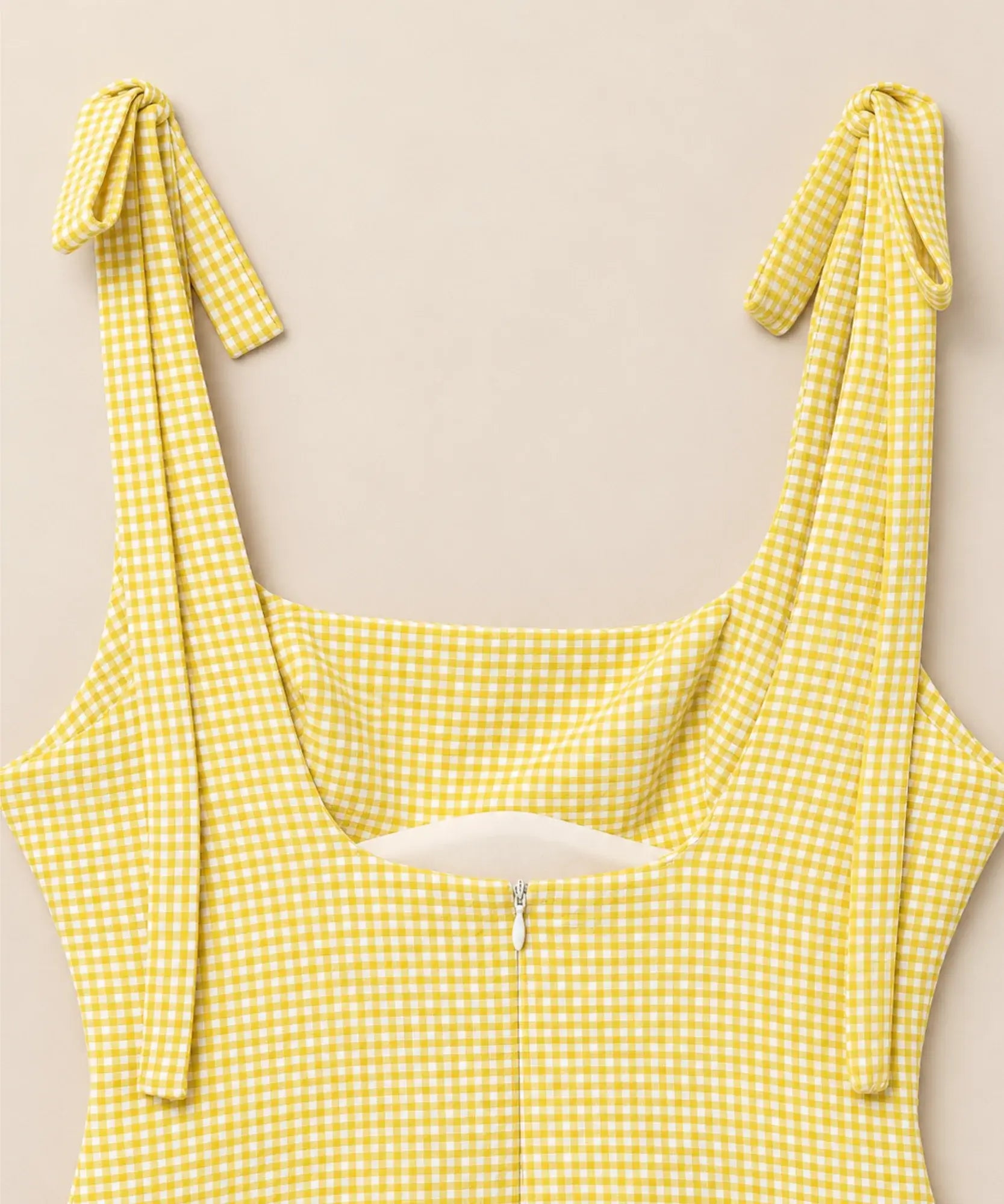 Comprar vestido decote quadrado zíper nas costas xadrez amarelo barato Anellimn
