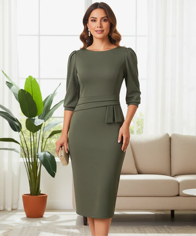 Comprar vestido elegante midi tubinho manga bufante peplum alfaiataria social feminino barato em promoção