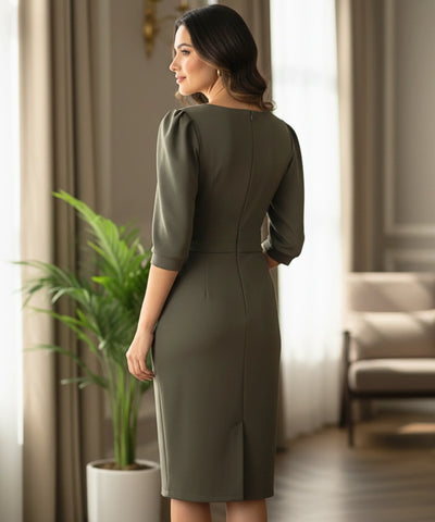 Comprar vestido elegante midi tubinho manga bufante peplum alfaiataria social feminino barato em promoção