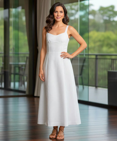 Comprar vestido feminino midi linho alças ajustáveis decote coração elegante festa social barato promoção
