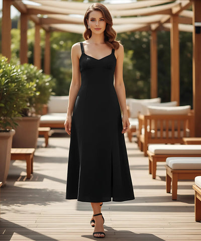 Comprar vestido feminino midi linho alças ajustáveis decote coração elegante festa social barato promoção