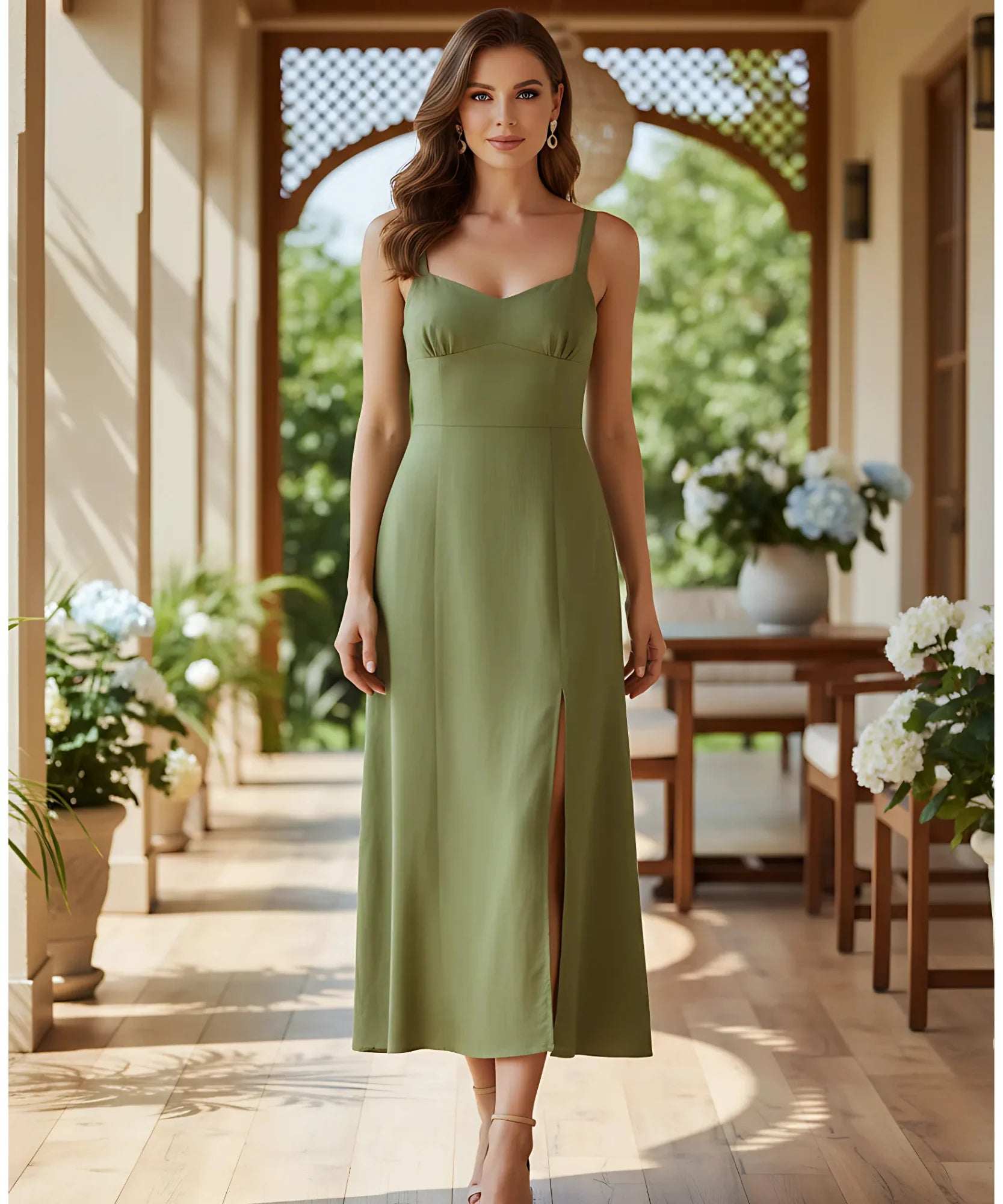 Comprar vestido feminino midi linho alças ajustáveis decote coração elegante festa social barato promoção
