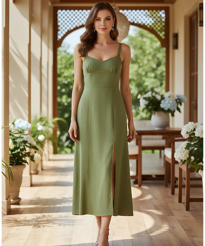 Comprar vestido feminino midi linho alças ajustáveis decote coração elegante festa social barato promoção
