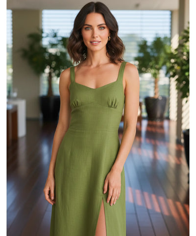 Comprar vestido feminino midi linho alças ajustáveis decote coração elegante festa social barato promoção
