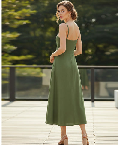 Comprar vestido feminino midi linho alças ajustáveis decote coração elegante festa social barato promoção