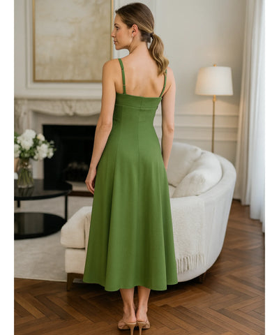 Comprar vestido feminino midi linho alças ajustáveis decote coração elegante festa social barato promoção