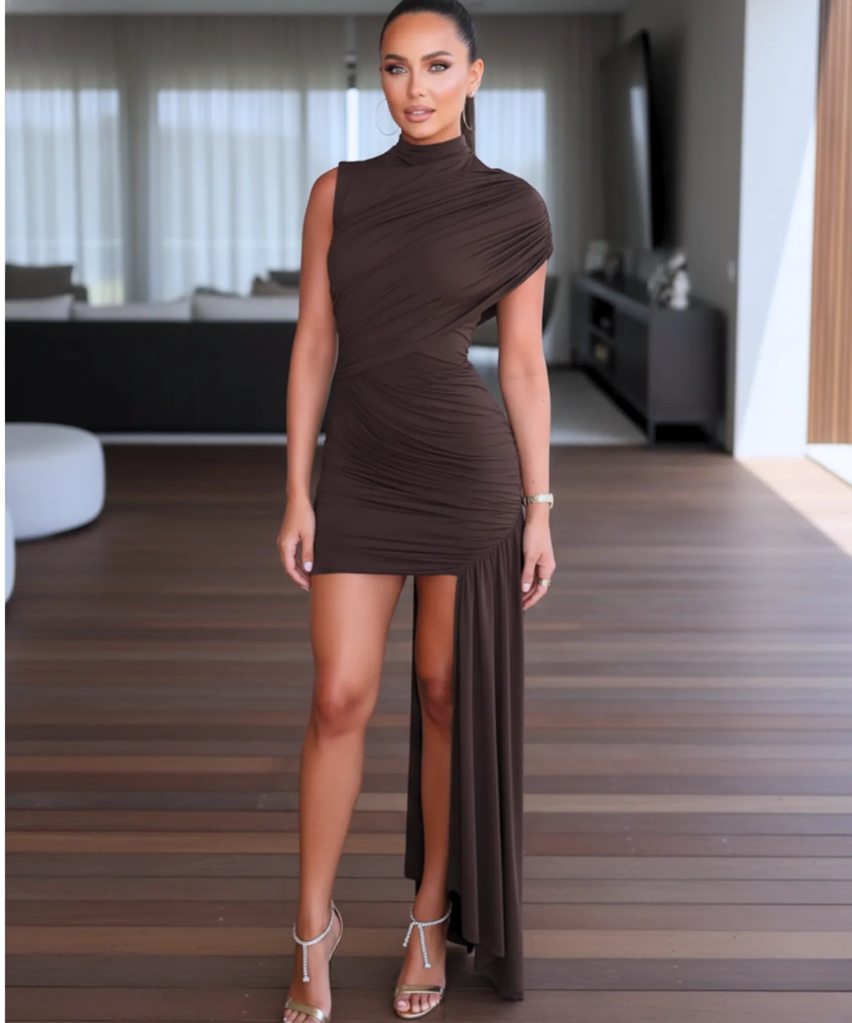 Comprar Vestido de festa assimétrico drapeado gola alta elegante casamentos formaturas moderno promoção LADY DRESS