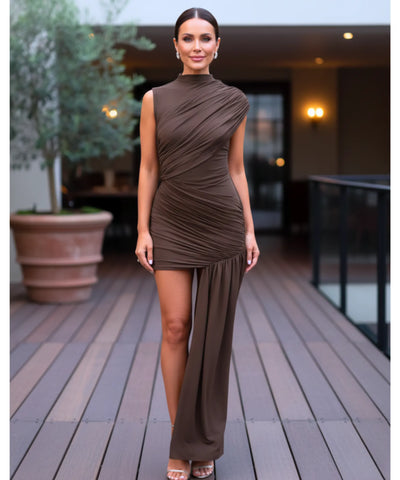 Comprar Vestido de festa assimétrico drapeado gola alta elegante casamentos formaturas moderno promoção LADY DRESS