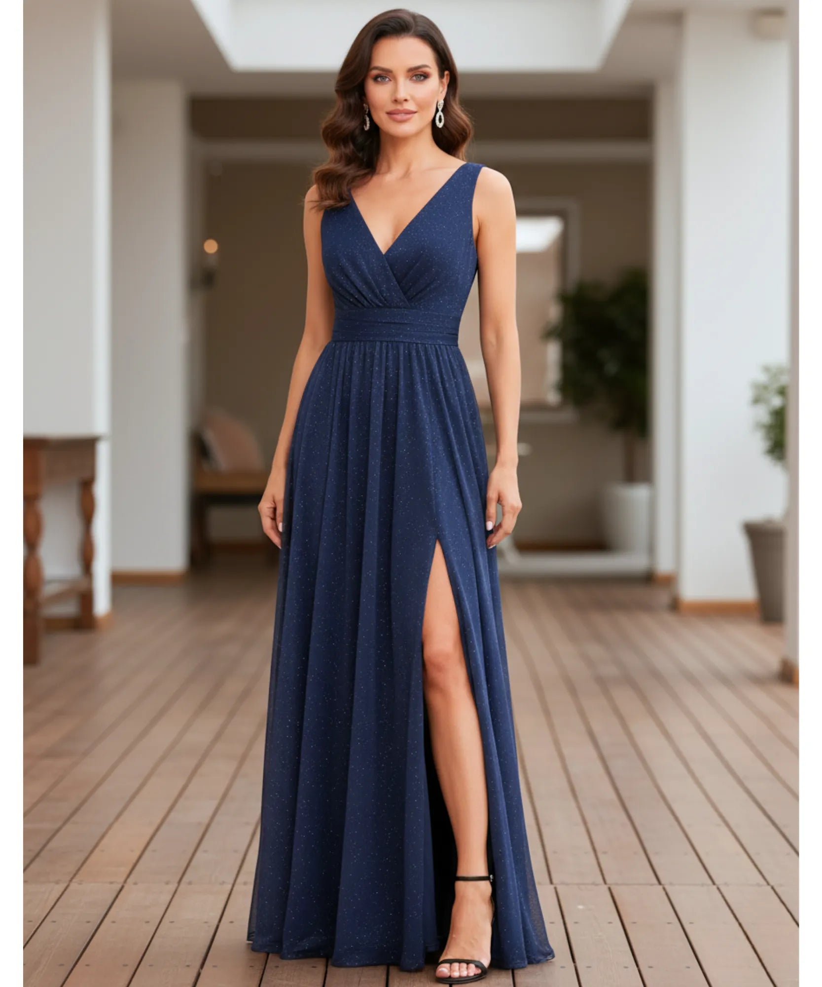 Comprar vestido de festa longo brilho decote V fenda lateral para casamento formatura madrinha barato em promoção LADY DRESS