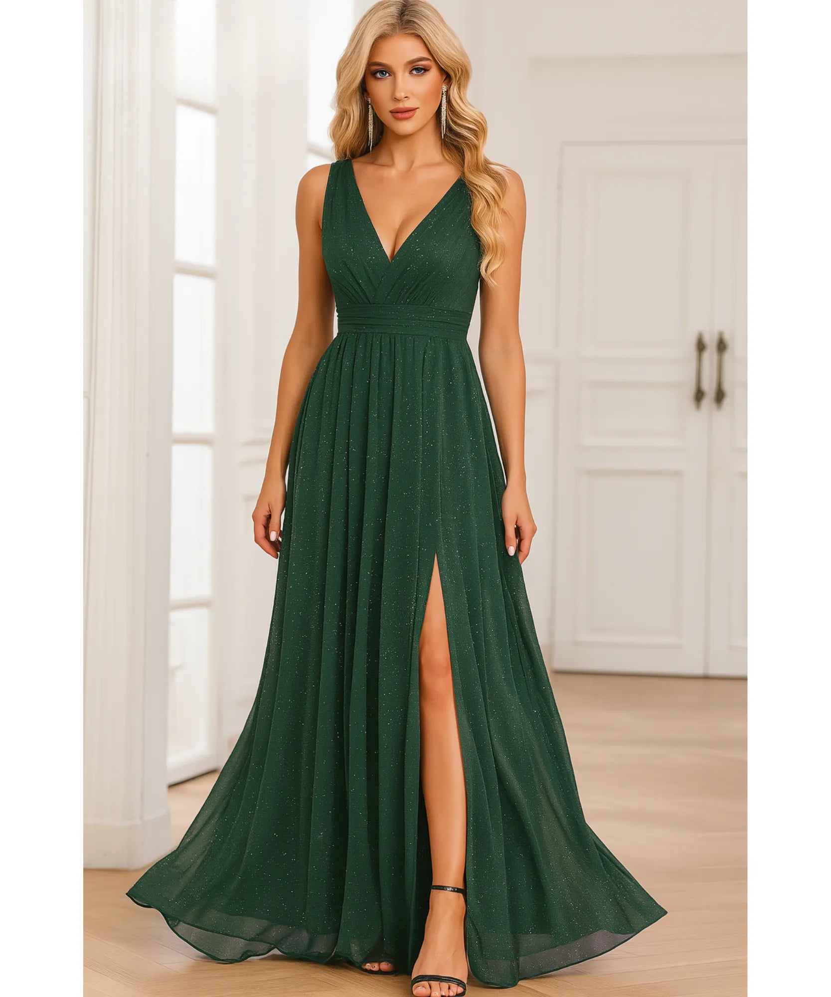Comprar vestido de festa longo verde brilho decote V fenda lateral para casamento formatura madrinha barato em promoção LADY DRESS
