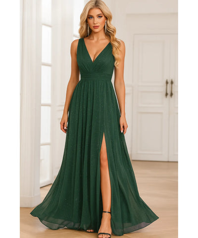 Comprar vestido de festa longo verde brilho decote V fenda lateral para casamento formatura madrinha barato em promoção LADY DRESS
