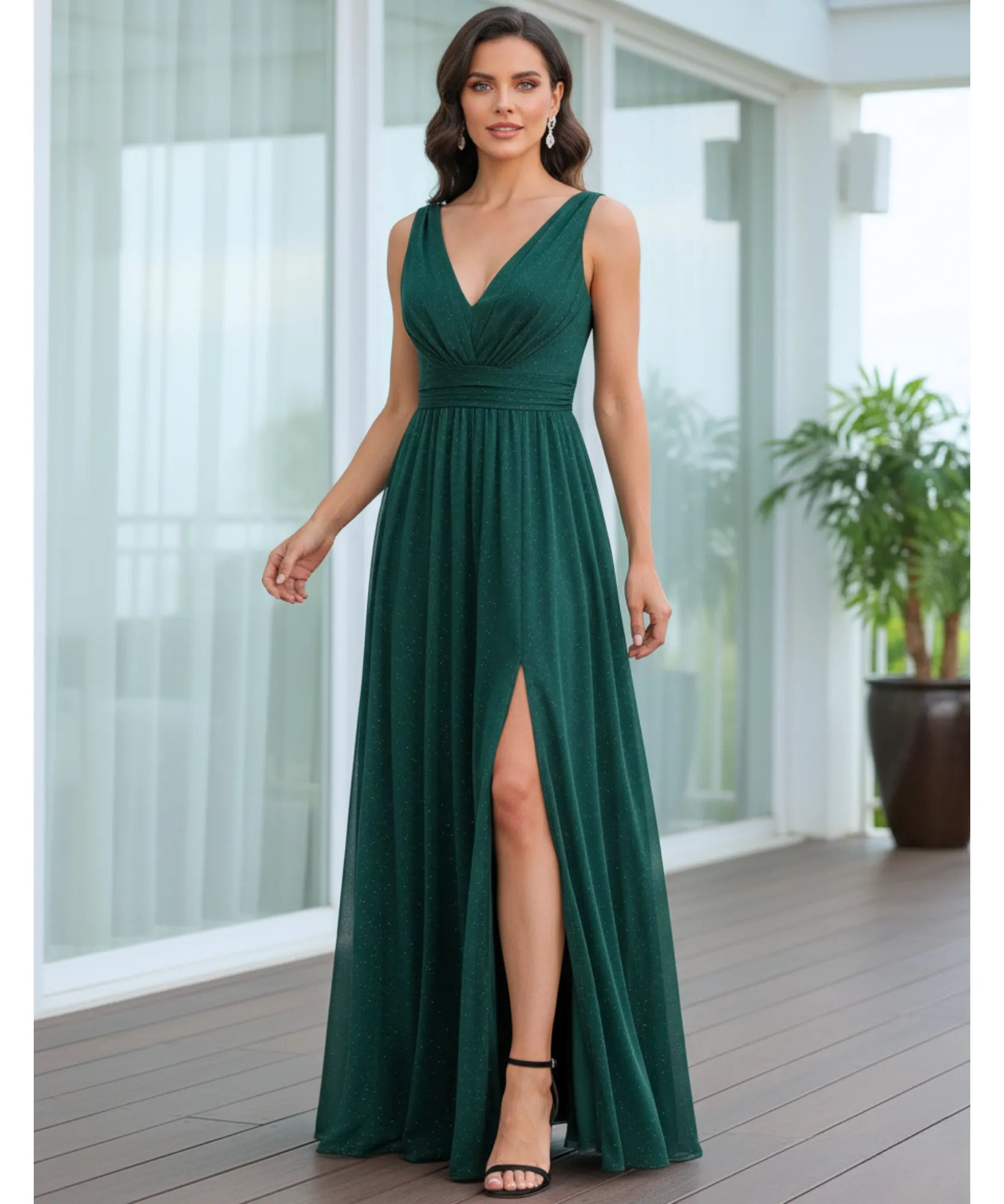 Comprar vestido de festa longo brilho decote V fenda lateral para casamento formatura madrinha barato em promoção LADY DRESS