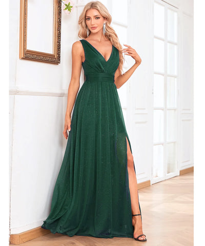 Vestido de Festa Longo Brilho Elegante Decote V Madrinha | Leah