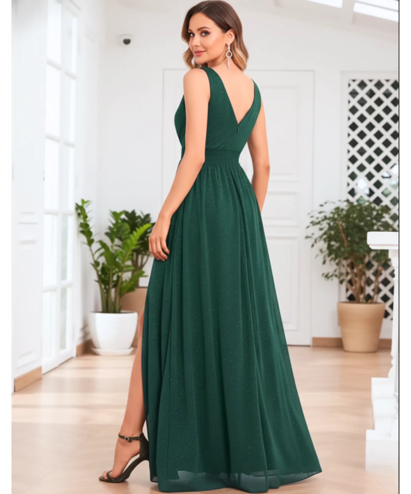 Comprar vestido de festa longo brilho decote V fenda lateral para casamento formatura madrinha barato em promoção LADY DRESS