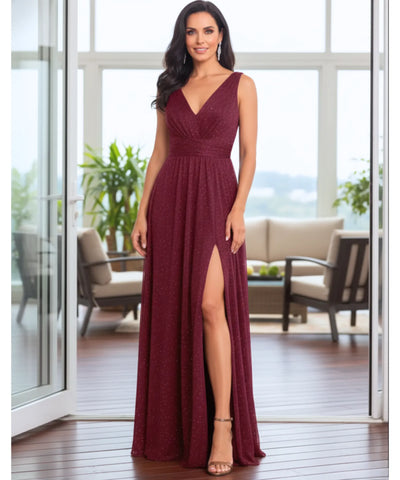 Comprar vestido de festa longo brilho decote V fenda lateral para casamento formatura madrinha barato em promoção LADY DRESS