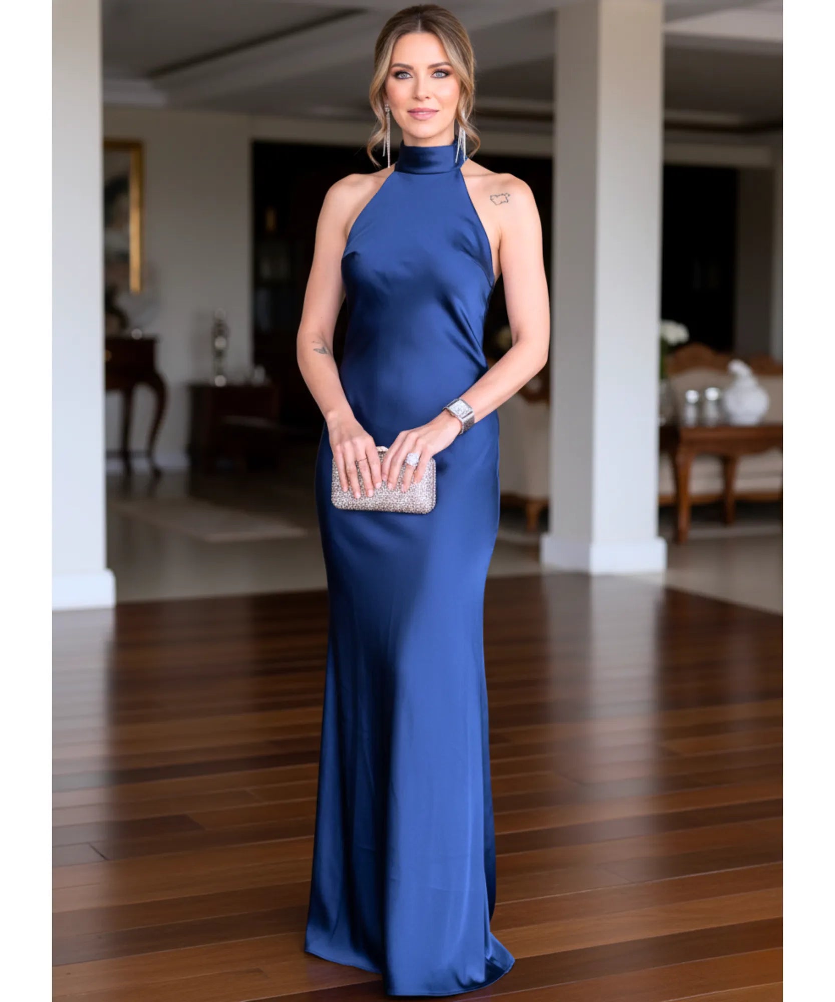 Comprar vestido de festa longo cetim amarração pescoço gola alta regata casamento formatura madrinha barato ou em promoçã0 ZARA - LADY DRESS
