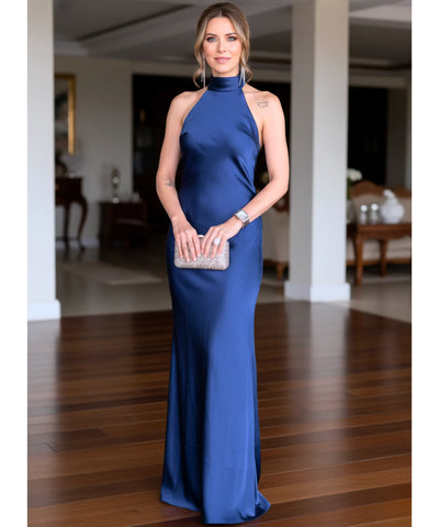 Comprar vestido de festa longo cetim amarração pescoço gola alta regata casamento formatura madrinha barato ou em promoçã0 ZARA - LADY DRESS