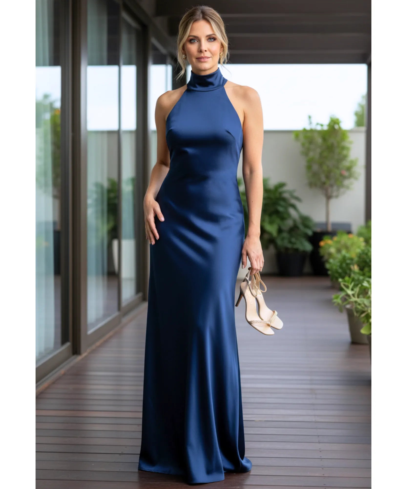 Comprar vestido de festa longo cetim amarração pescoço gola alta regata casamento formatura madrinha barato ou em promoçã0 ZARA - LADY DRESS