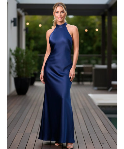 Comprar vestido de festa longo cetim amarração pescoço gola alta regata casamento formatura madrinha barato ou em promoçã0 ZARA - LADY DRESS