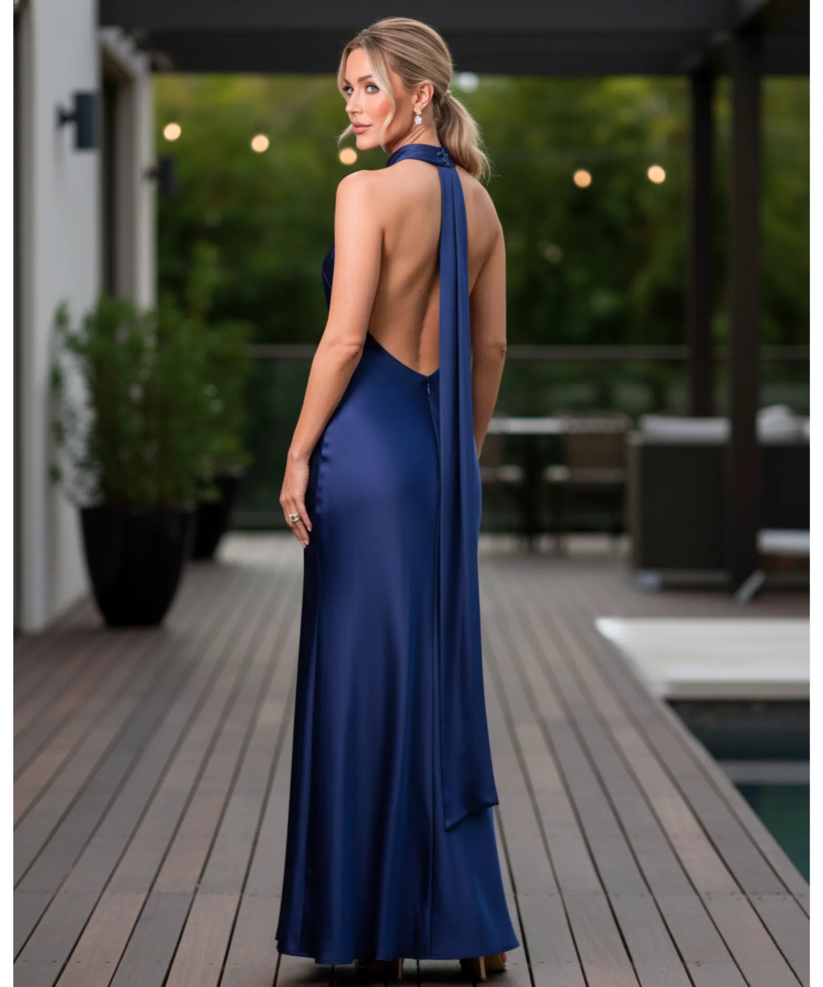 Comprar vestido de festa longo cetim amarração pescoço gola alta regata casamento formatura madrinha barato ou em promoçã0 ZARA - LADY DRESS