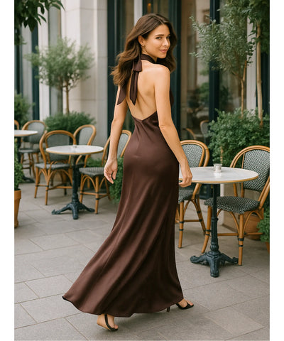 Vestido de Festa Longo Cetim Amarração Pescoço Gola Alta | Ioná