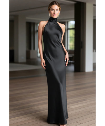 Comprar vestido de festa longo cetim amarração pescoço gola alta regata casamento formatura madrinha barato ou em promoçã0 ZARA - LADY DRESS