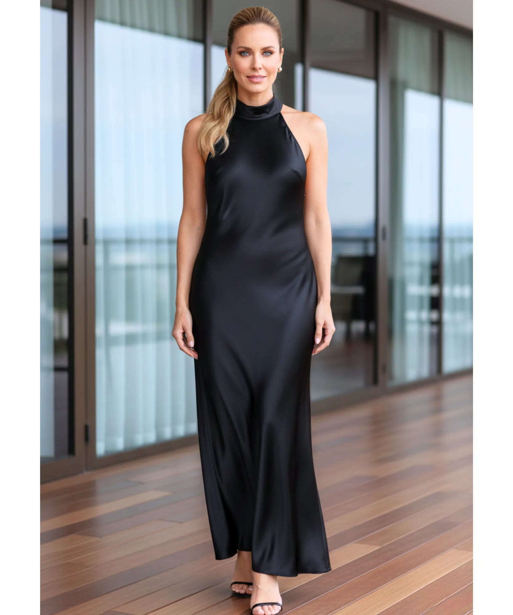 Comprar vestido de festa longo cetim amarração pescoço gola alta regata casamento formatura madrinha barato ou em promoçã0 ZARA - LADY DRESS