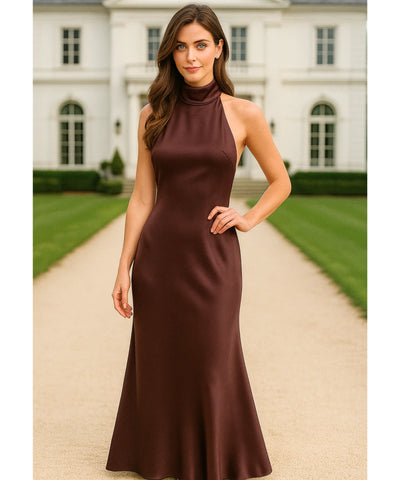Vestido de Festa Longo Cetim Amarração Pescoço Gola Alta | Ioná