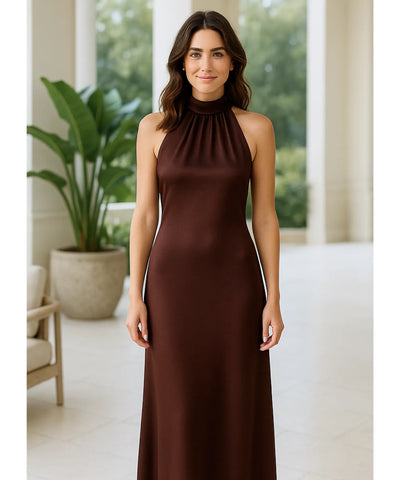 Vestido de Festa Longo Cetim Amarração Pescoço Gola Alta | Ioná