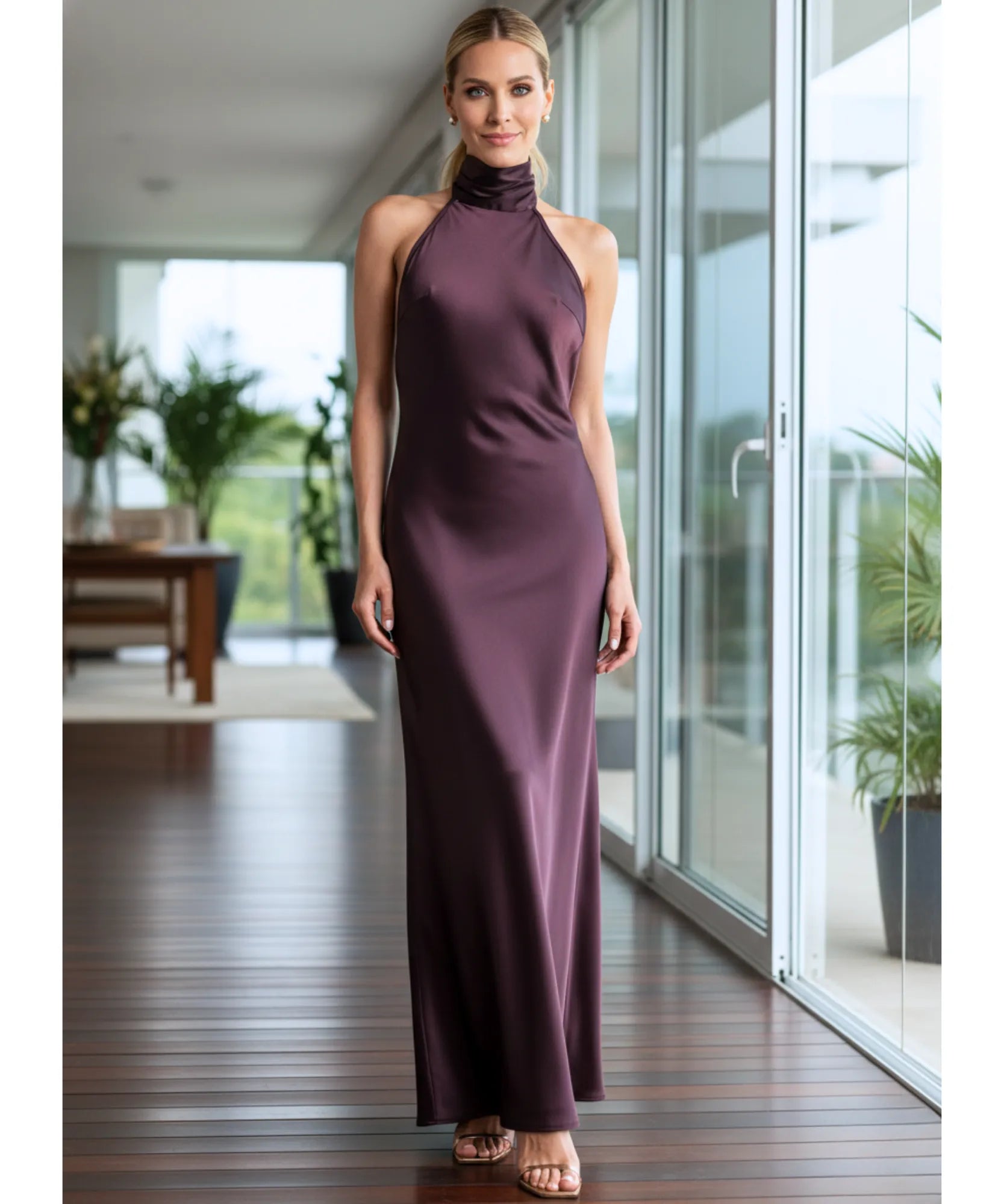 Comprar vestido de festa longo cetim amarração pescoço gola alta regata casamento formatura madrinha barato ou em promoçã0 ZARA - LADY DRESS