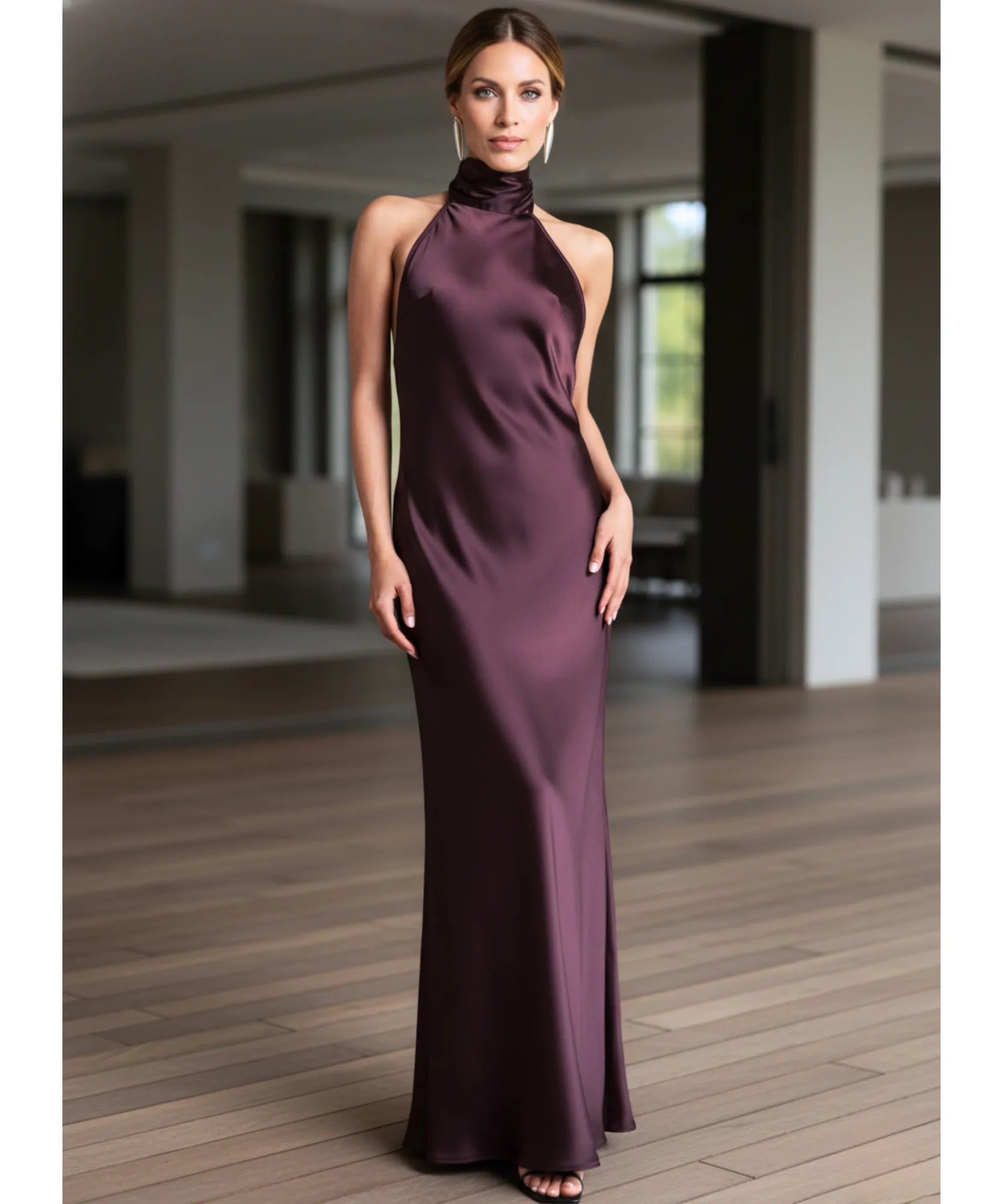 Comprar vestido de festa longo cetim amarração pescoço gola alta regata casamento formatura madrinha barato ou em promoçã0 ZARA - LADY DRESS