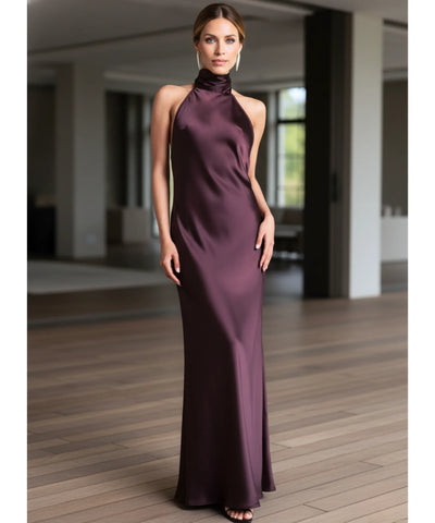 Comprar vestido de festa longo cetim amarração pescoço gola alta regata casamento formatura madrinha barato ou em promoçã0 ZARA - LADY DRESS