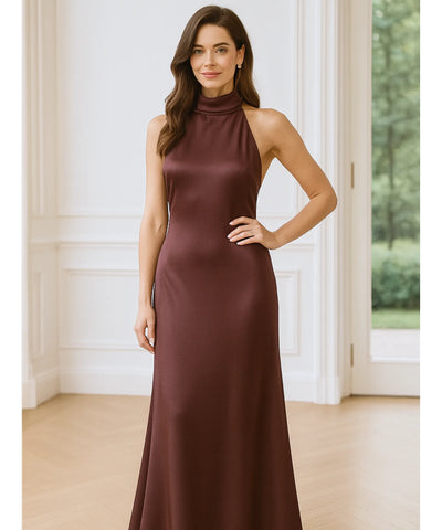 Vestido de Festa Longo Cetim Amarração Pescoço Gola Alta | Ioná