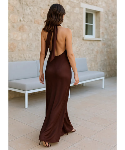 Vestido de Festa Longo Cetim Amarração Pescoço Gola Alta | Ioná